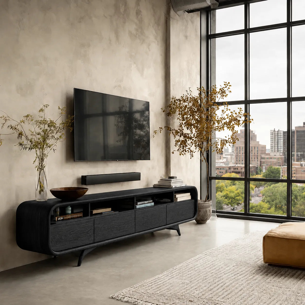 Rounded Natural Solid Wood TV Stand with Open Shelves and Drawer Storage - Livewoodcraft - 4