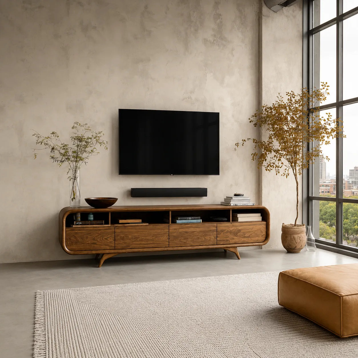 Rounded Natural Solid Wood TV Stand with Open Shelves and Drawer Storage - Livewoodcraft - 5