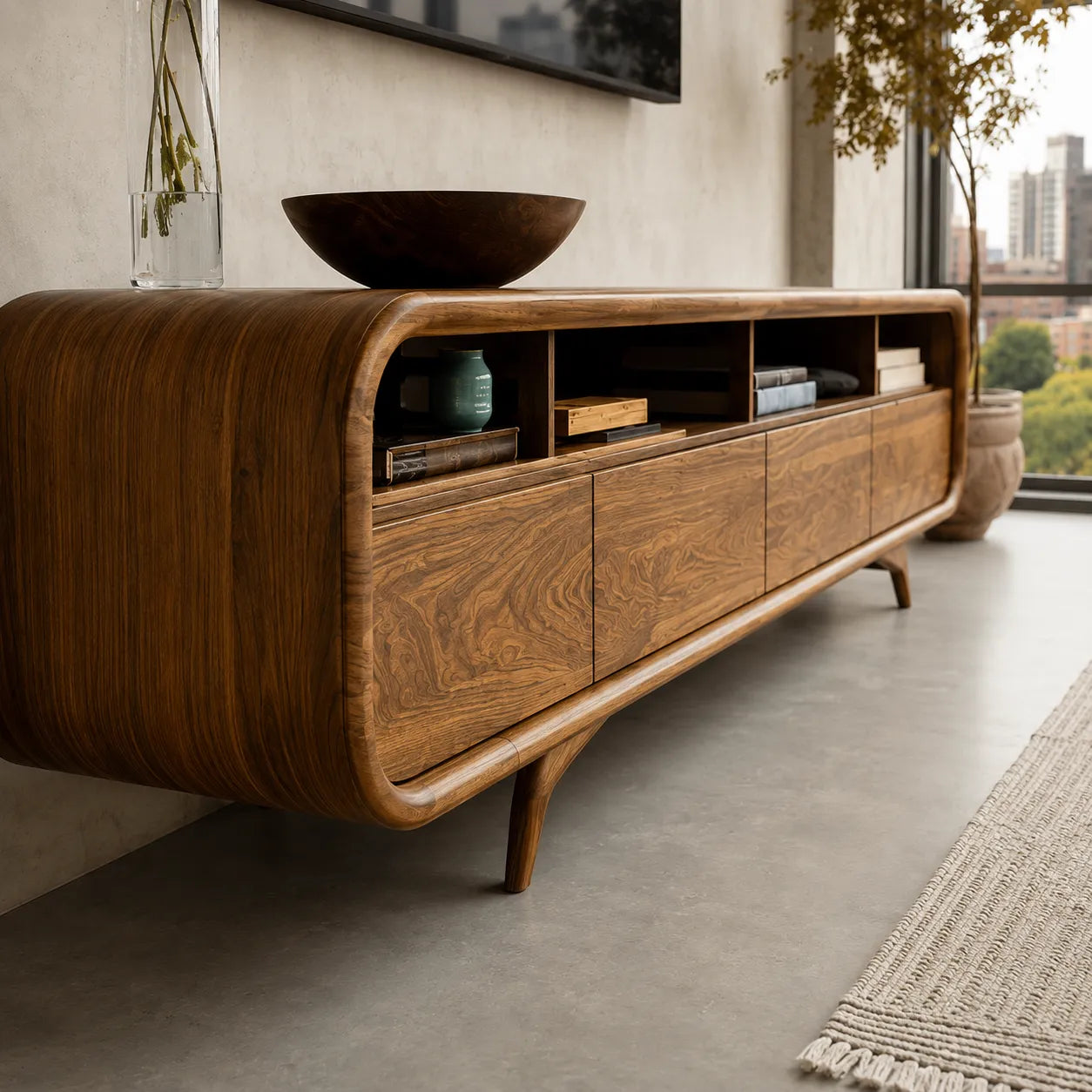 Rounded Natural Solid Wood TV Stand with Open Shelves and Drawer Storage - Livewoodcraft - 6