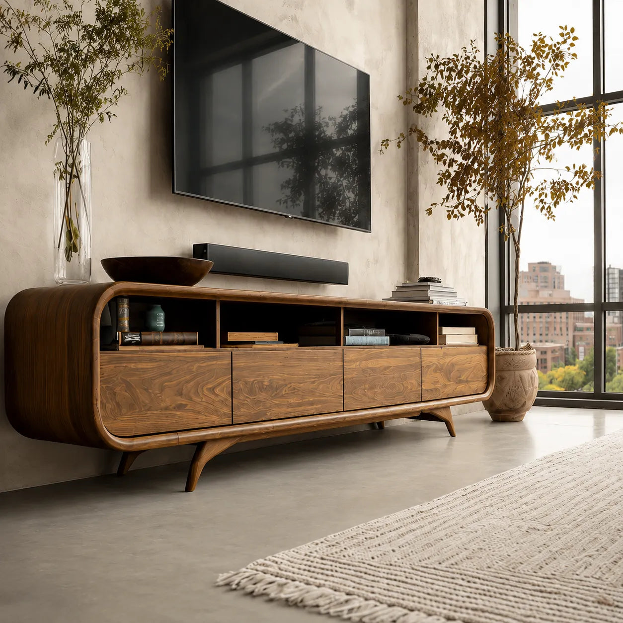 Rounded Natural Solid Wood TV Stand with Open Shelves and Drawer Storage - Livewoodcraft - 7