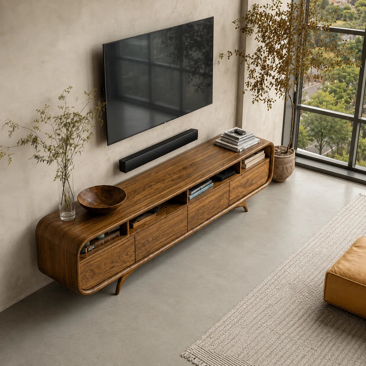 Rounded Natural Solid Wood TV Stand with Open Shelves and Drawer Storage - Livewoodcraft - 8