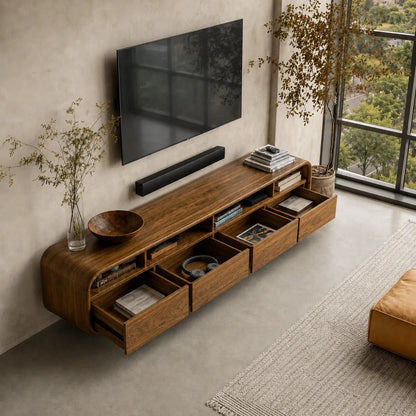 Rounded Natural Solid Wood TV Stand with Open Shelves and Drawer Storage - Livewoodcraft - 9