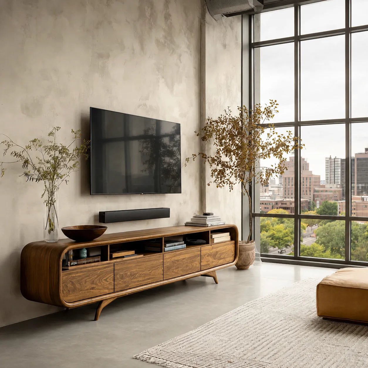 Rounded Natural Solid Wood TV Stand with Open Shelves and Drawer Storage - Livewoodcraft