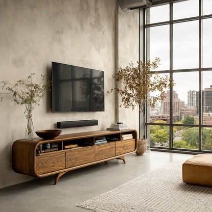 Rounded Natural Solid Wood TV Stand with Open Shelves and Drawer Storage - Livewoodcraft