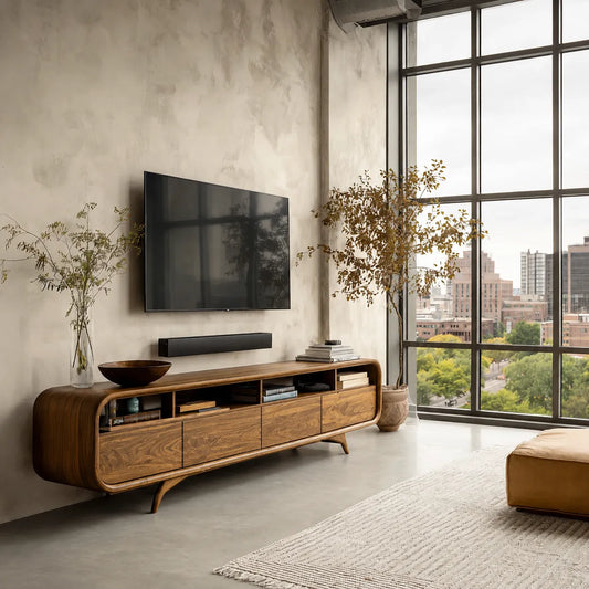Rounded Natural Solid Wood TV Stand with Open Shelves and Drawer Storage - Livewoodcraft