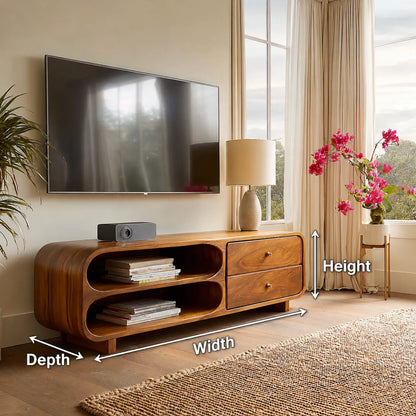 Rounded Natural Solid Wood TV Stand with Open Shelves and Drawers - Livewoodcraft - 10