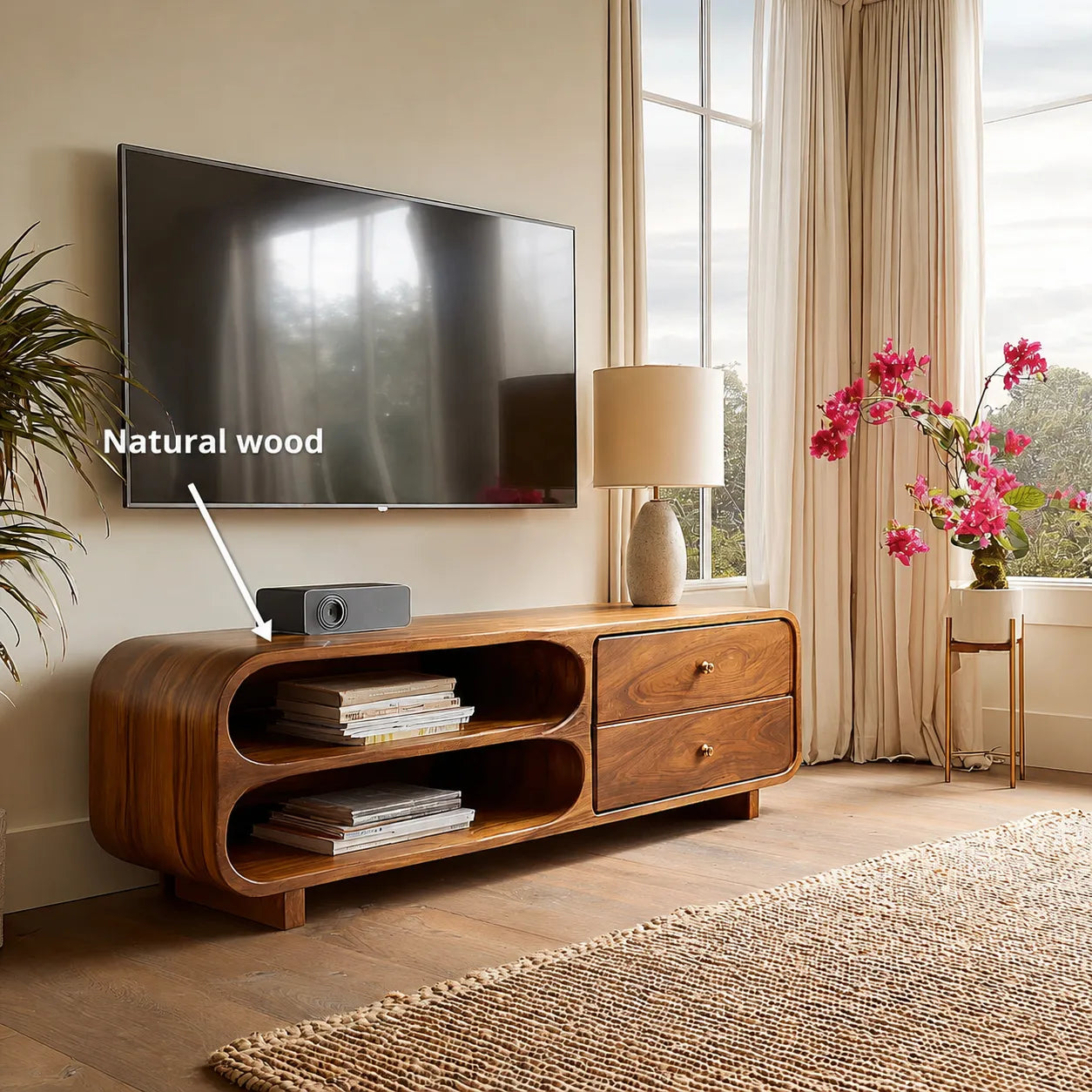 Rounded Natural Solid Wood TV Stand with Open Shelves and Drawers - Livewoodcraft - 11