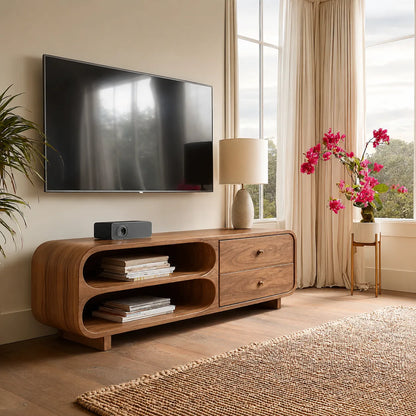 Rounded Natural Solid Wood TV Stand with Open Shelves and Drawers - Livewoodcraft - 2