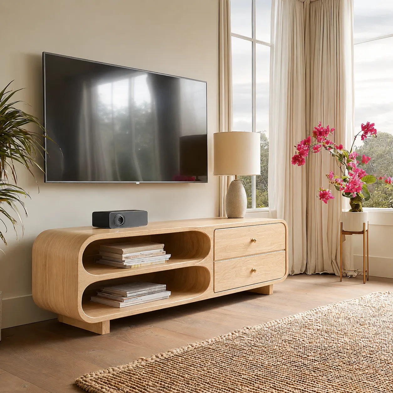 Rounded Natural Solid Wood TV Stand with Open Shelves and Drawers - Livewoodcraft - 3