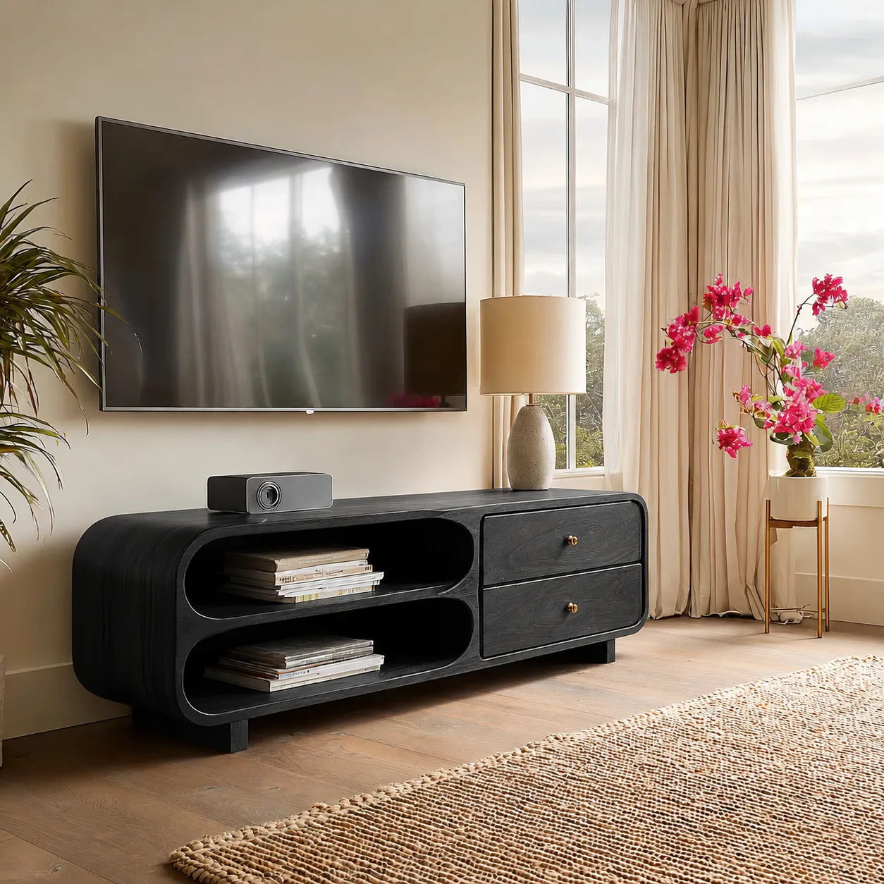 Rounded Natural Solid Wood TV Stand with Open Shelves and Drawers - Livewoodcraft - 4