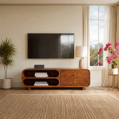 Rounded Natural Solid Wood TV Stand with Open Shelves and Drawers - Livewoodcraft - 5