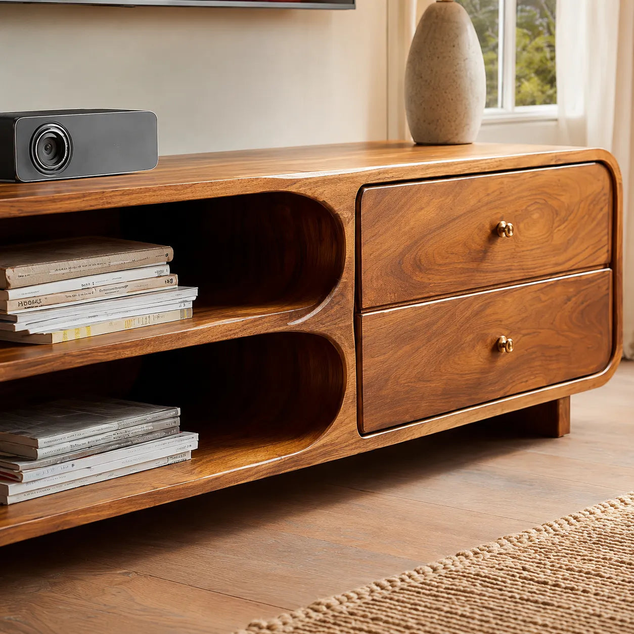 Rounded Natural Solid Wood TV Stand with Open Shelves and Drawers - Livewoodcraft - 6