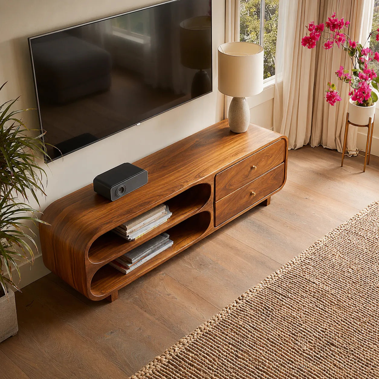 Rounded Natural Solid Wood TV Stand with Open Shelves and Drawers - Livewoodcraft - 7