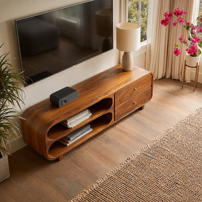 Rounded Natural Solid Wood TV Stand with Open Shelves and Drawers - Livewoodcraft - 7