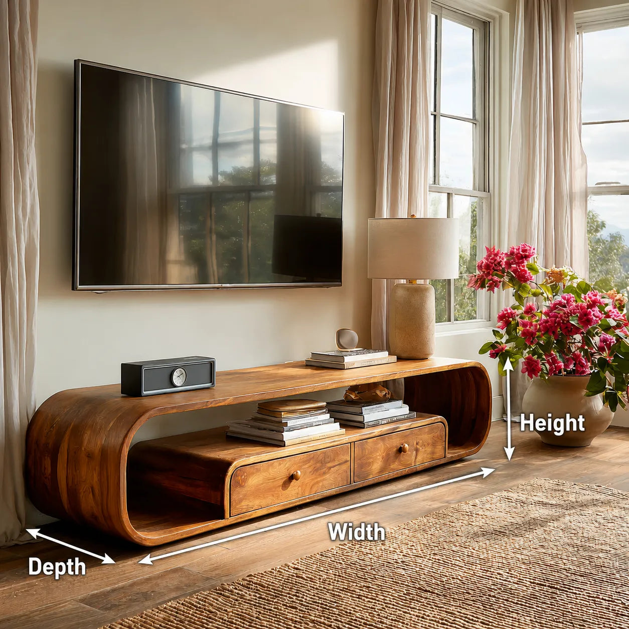 Rounded Natural Solid Wood TV Stand with Open Shelves and Drawers - Livewoodcraft - 7360 - 10
