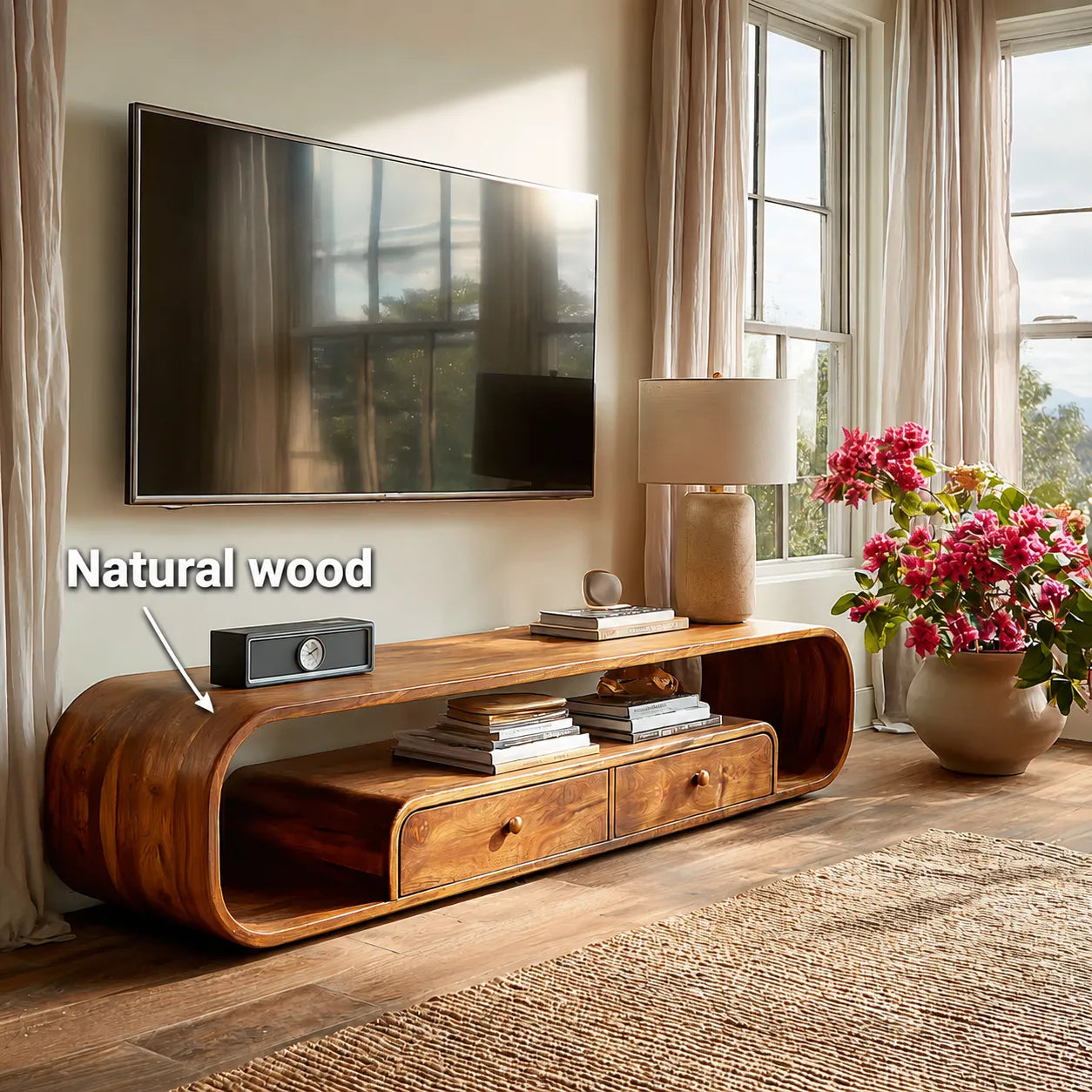 Rounded Natural Solid Wood TV Stand with Open Shelves and Drawers - Livewoodcraft - 7360 - 11
