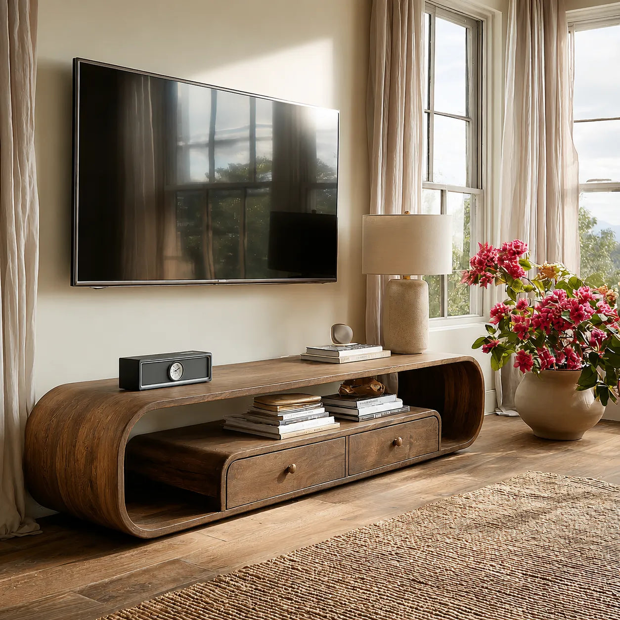 Rounded Natural Solid Wood TV Stand with Open Shelves and Drawers - Livewoodcraft - 7360 - 2