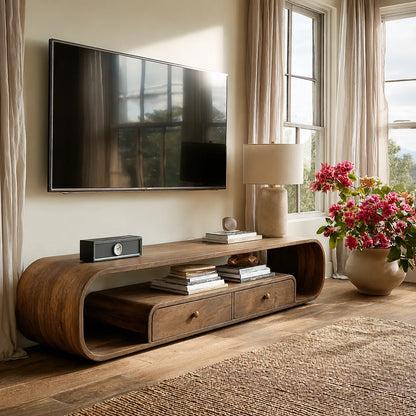 Rounded Natural Solid Wood TV Stand with Open Shelves and Drawers - Livewoodcraft - 7360 - 2