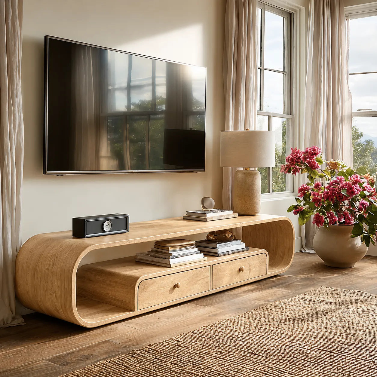 Rounded Natural Solid Wood TV Stand with Open Shelves and Drawers - Livewoodcraft - 7360 - 3