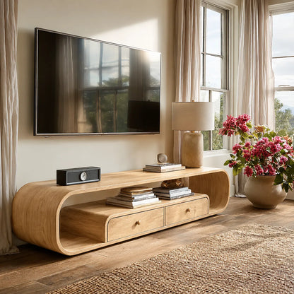 Rounded Natural Solid Wood TV Stand with Open Shelves and Drawers - Livewoodcraft - 7360 - 3