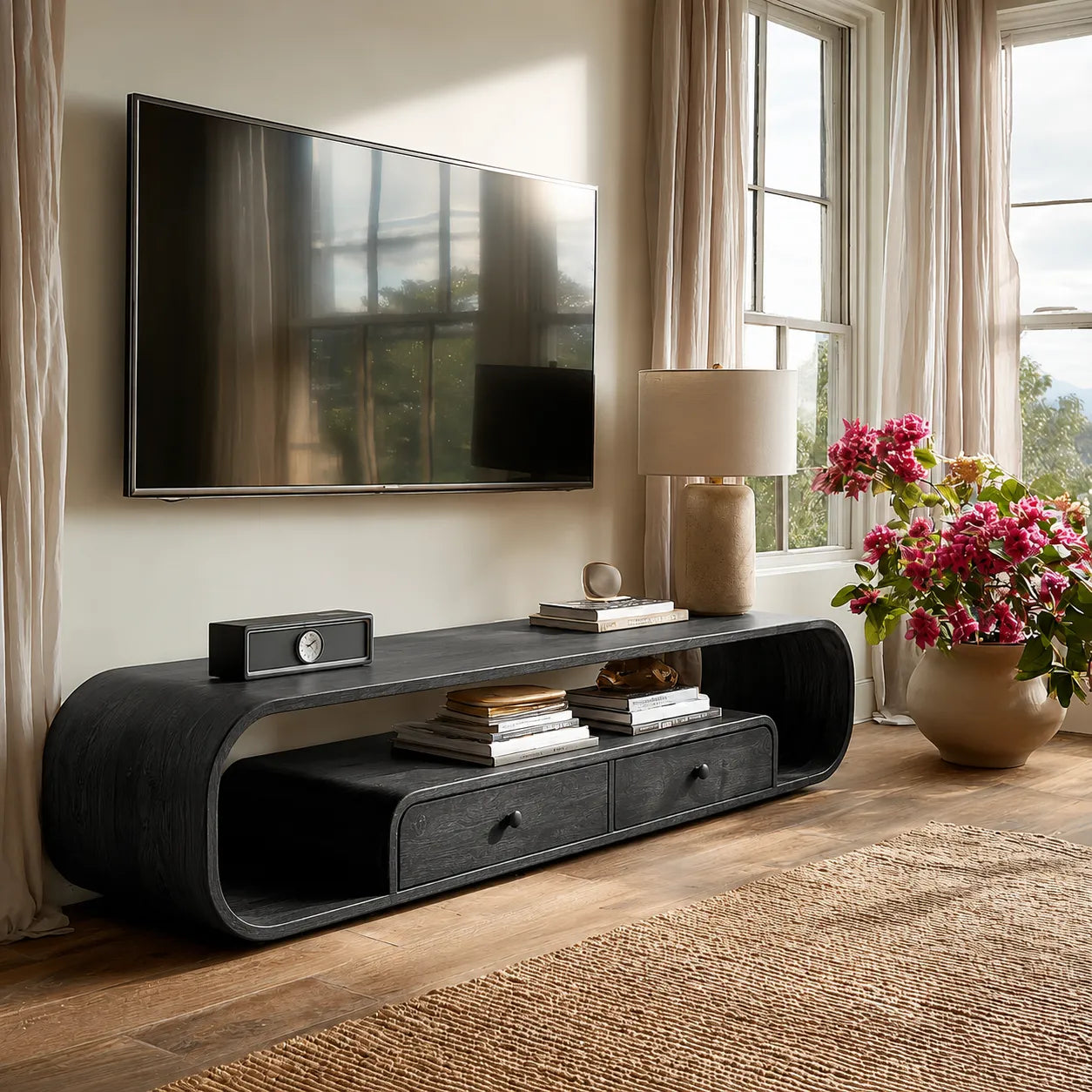 Rounded Natural Solid Wood TV Stand with Open Shelves and Drawers - Livewoodcraft - 7360 - 4