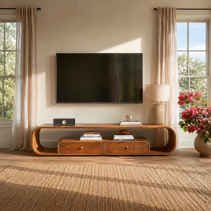 Rounded Natural Solid Wood TV Stand with Open Shelves and Drawers - Livewoodcraft - 7360 - 5