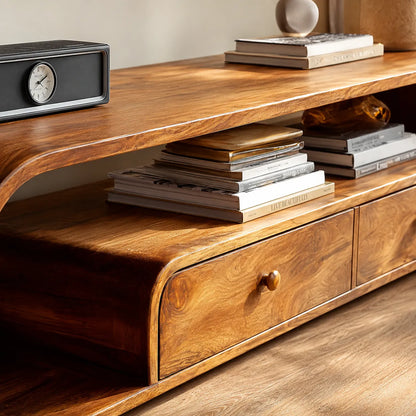 Rounded Natural Solid Wood TV Stand with Open Shelves and Drawers - Livewoodcraft - 7360 - 6