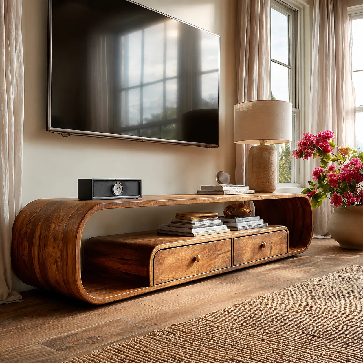 Rounded Natural Solid Wood TV Stand with Open Shelves and Drawers - Livewoodcraft - 7360 - 7