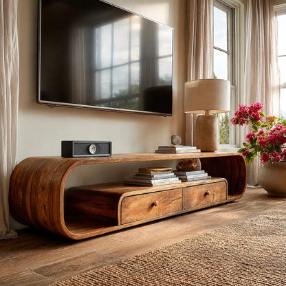 Rounded Natural Solid Wood TV Stand with Open Shelves and Drawers - Livewoodcraft - 7360 - 7