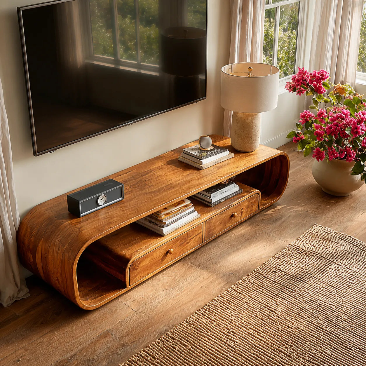 Rounded Natural Solid Wood TV Stand with Open Shelves and Drawers - Livewoodcraft - 7360 - 8