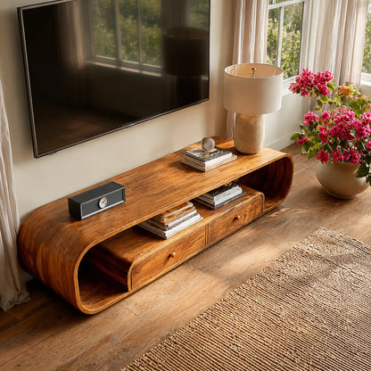 Rounded Natural Solid Wood TV Stand with Open Shelves and Drawers - Livewoodcraft - 7360 - 8