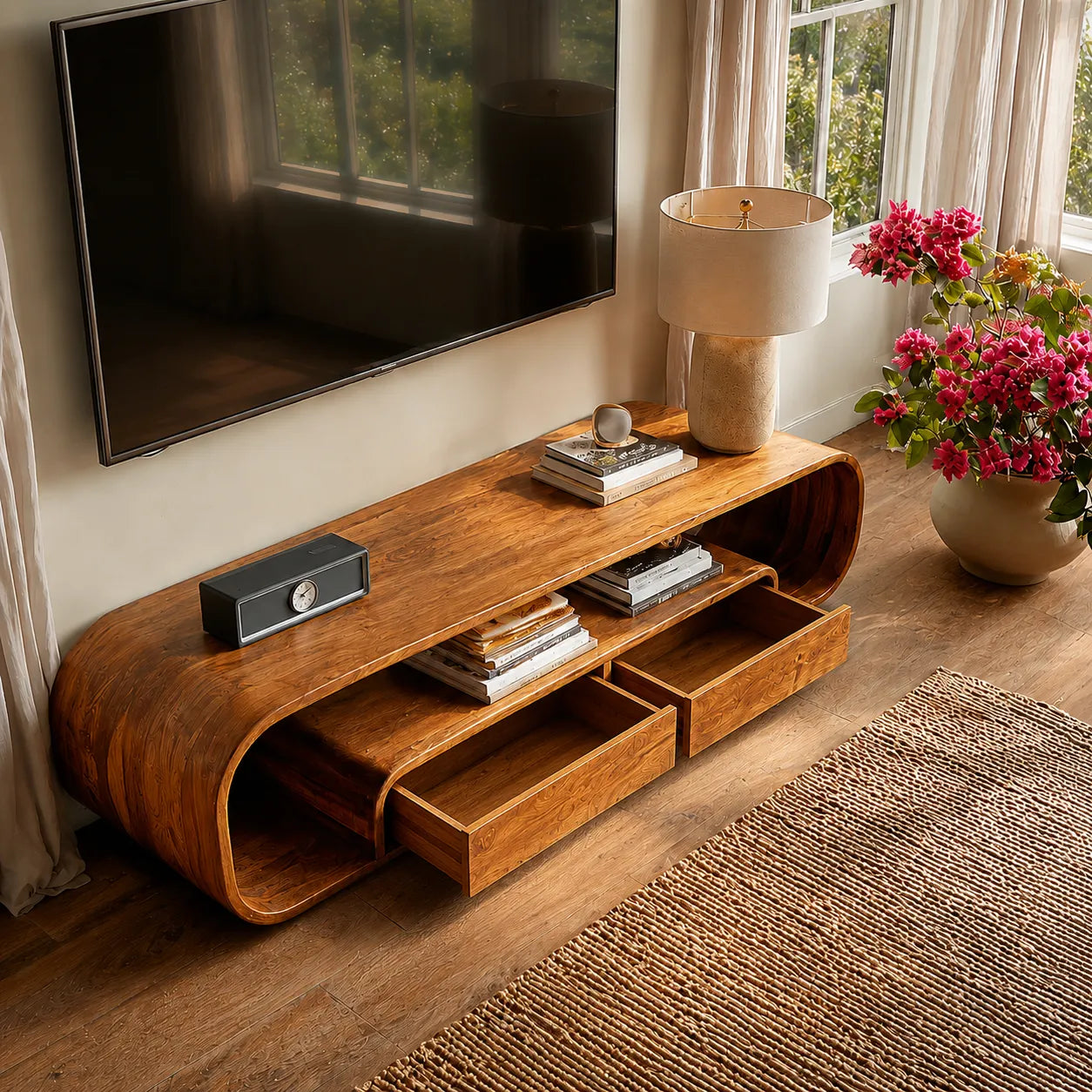 Rounded Natural Solid Wood TV Stand with Open Shelves and Drawers - Livewoodcraft - 7360 - 9