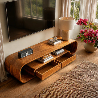 Rounded Natural Solid Wood TV Stand with Open Shelves and Drawers - Livewoodcraft - 7360 - 9