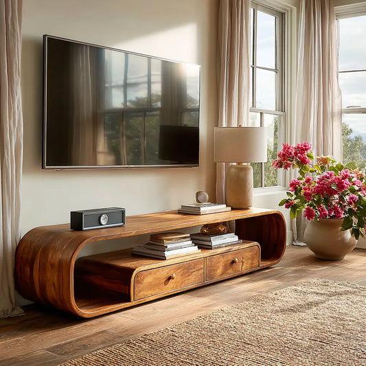 Rounded Natural Solid Wood TV Stand with Open Shelves and Drawers - Livewoodcraft - 7360