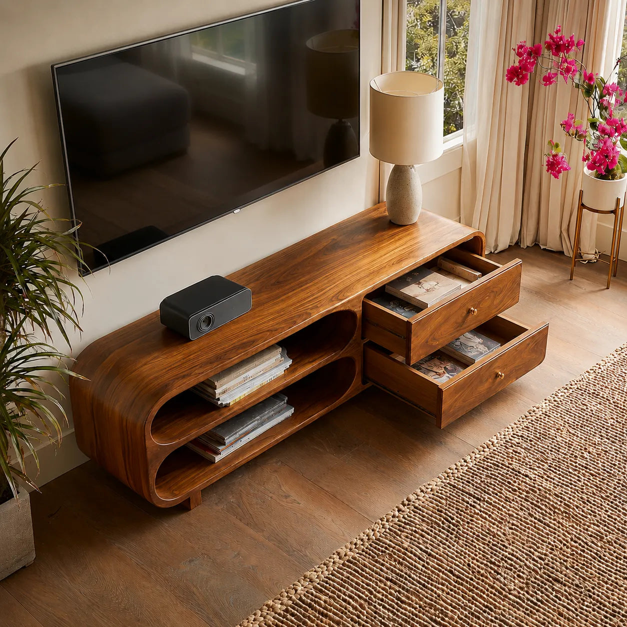 Rounded Natural Solid Wood TV Stand with Open Shelves and Drawers - Livewoodcraft - 8