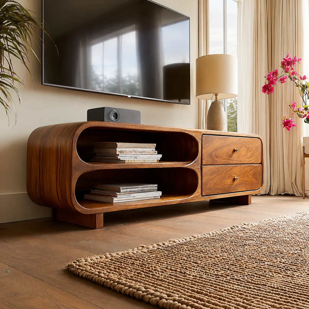 Rounded Natural Solid Wood TV Stand with Open Shelves and Drawers - Livewoodcraft - 9