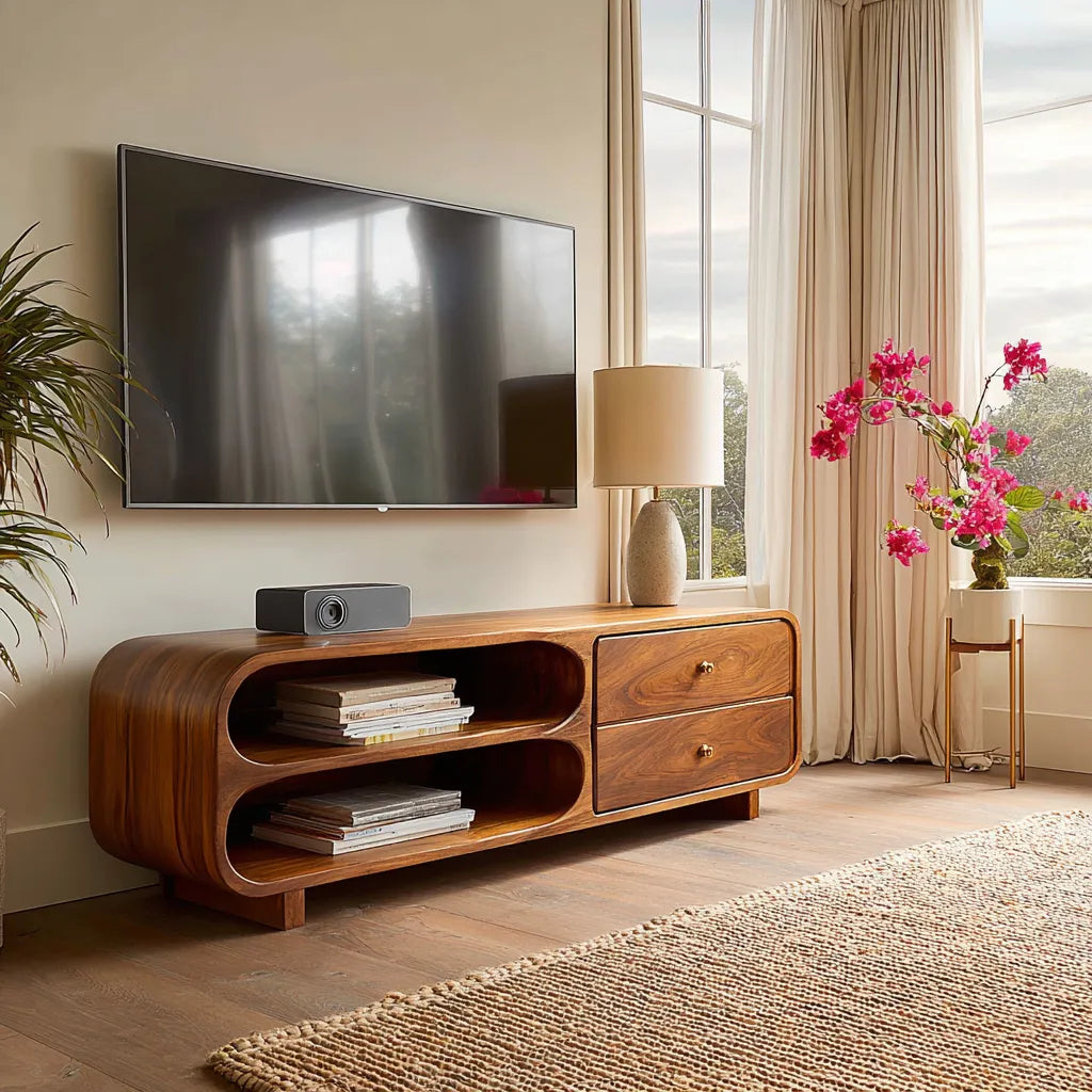 Rounded Natural Solid Wood TV Stand with Open Shelves and Drawers - Livewoodcraft