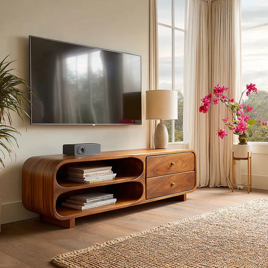 Rounded Natural Solid Wood TV Stand with Open Shelves and Drawers - Livewoodcraft