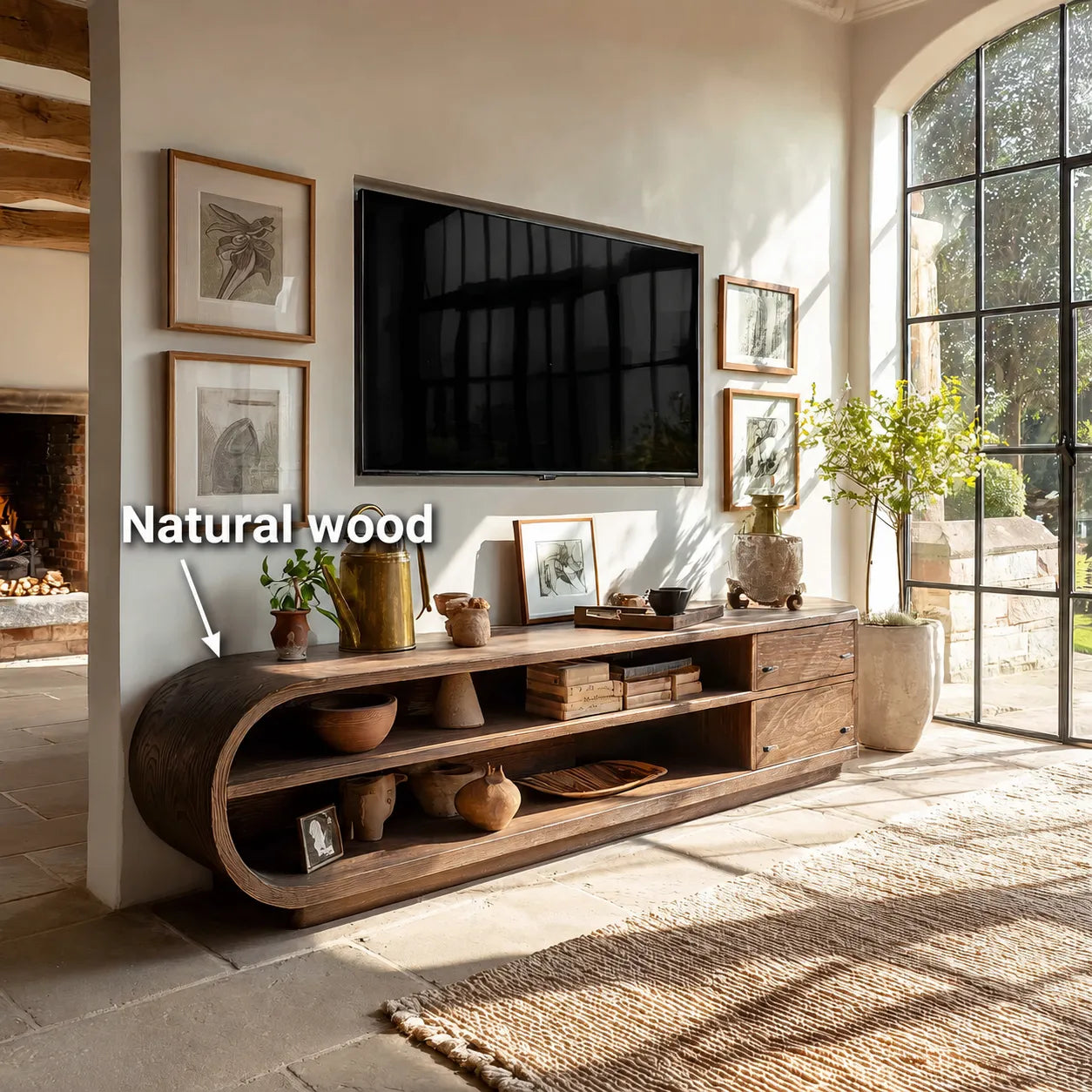 Rounded Natural Solid Wood TV Stand with Open Shelves and Side Drawers - Livewoodcraft - 10