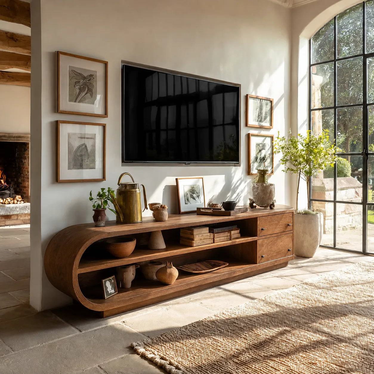 Rounded Natural Solid Wood TV Stand with Open Shelves and Side Drawers - Livewoodcraft - 2