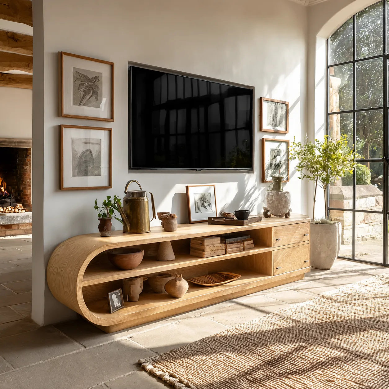 Rounded Natural Solid Wood TV Stand with Open Shelves and Side Drawers - Livewoodcraft - 3