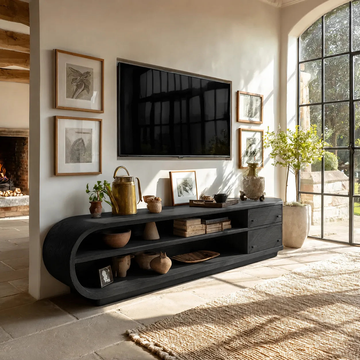 Rounded Natural Solid Wood TV Stand with Open Shelves and Side Drawers - Livewoodcraft - 4