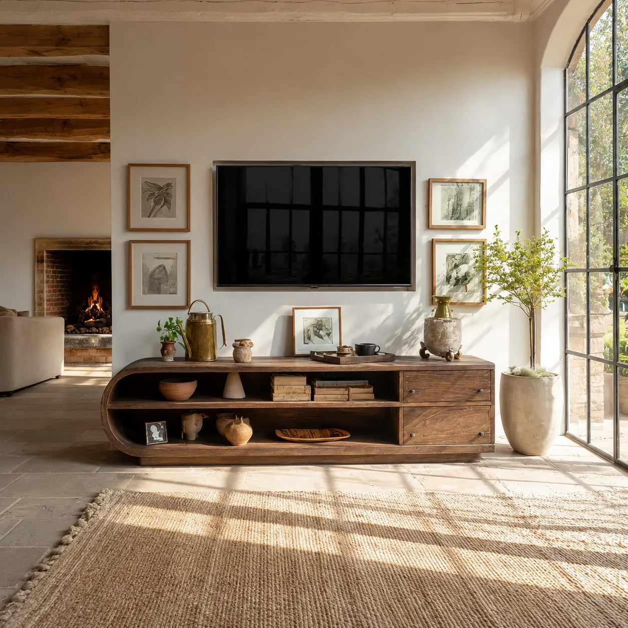Rounded Natural Solid Wood TV Stand with Open Shelves and Side Drawers - Livewoodcraft - 5