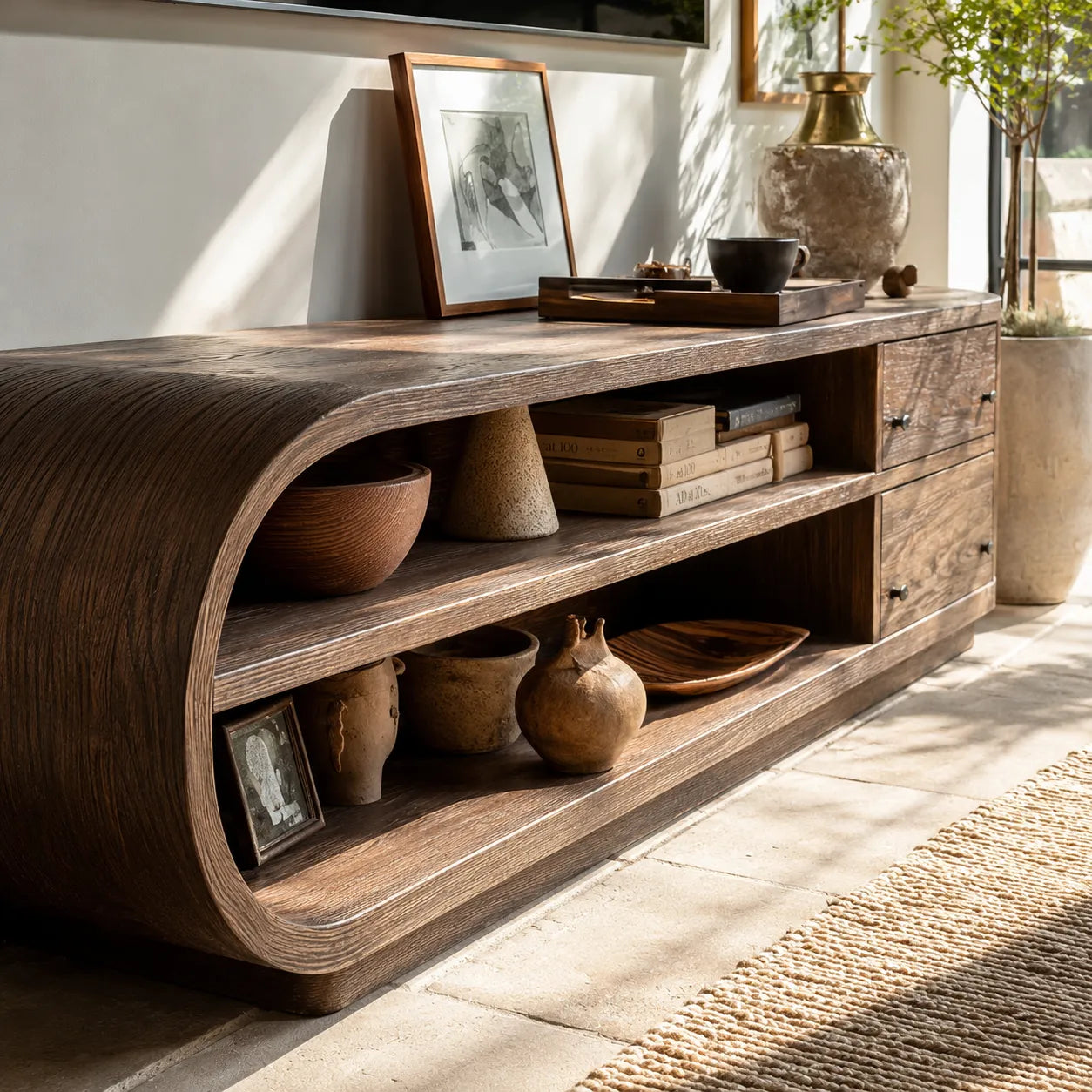 Rounded Natural Solid Wood TV Stand with Open Shelves and Side Drawers - Livewoodcraft - 6
