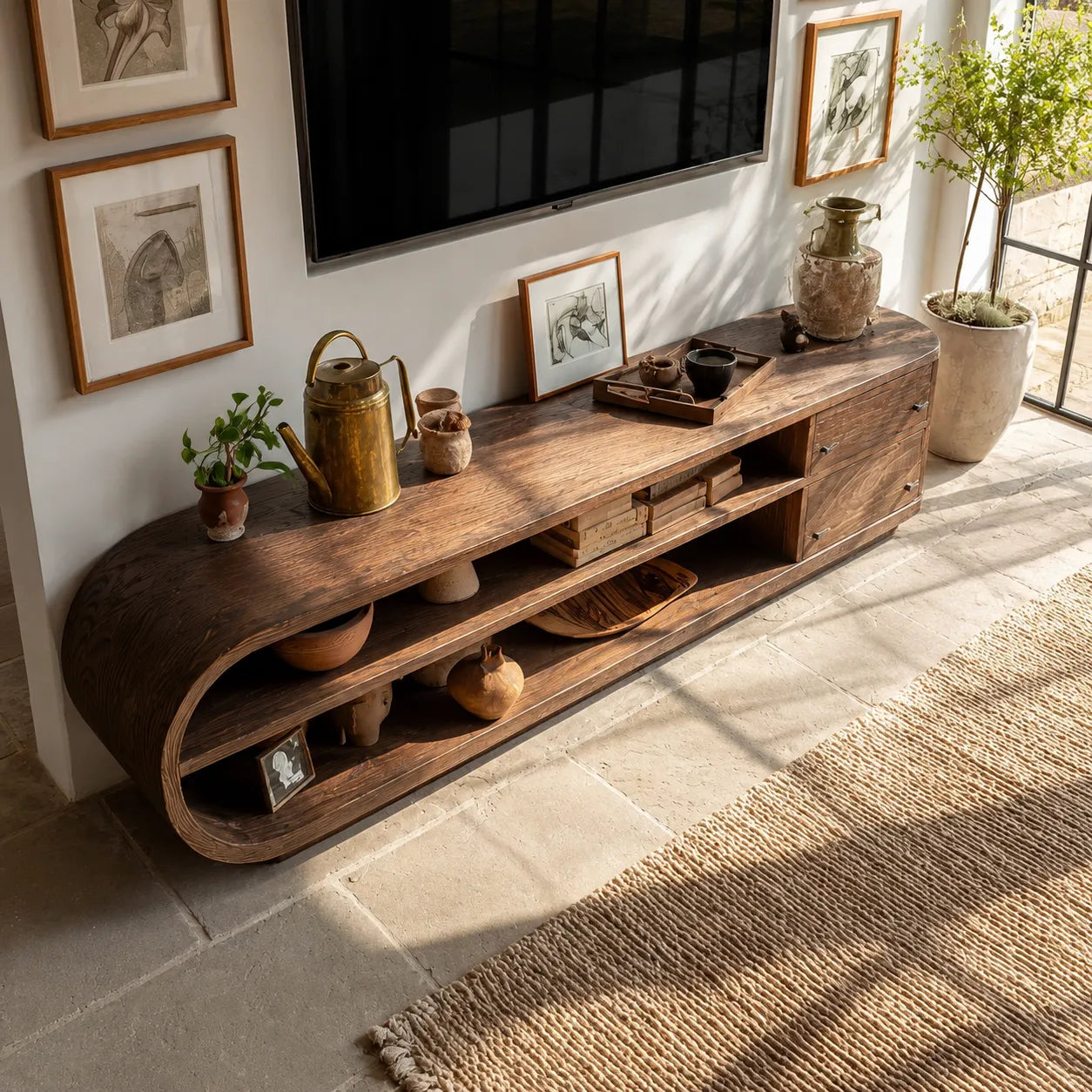 Rounded Natural Solid Wood TV Stand with Open Shelves and Side Drawers - Livewoodcraft - 7