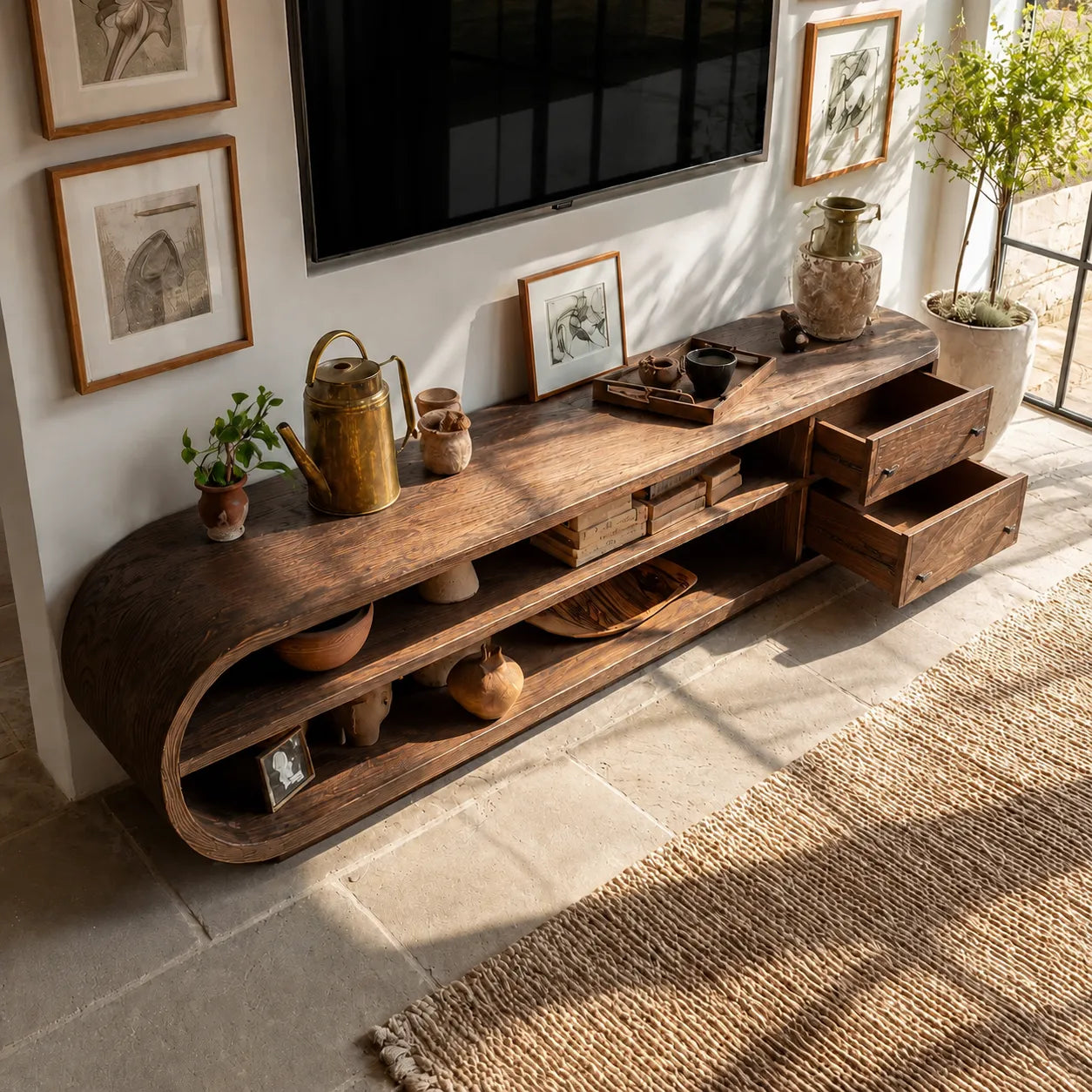Rounded Natural Solid Wood TV Stand with Open Shelves and Side Drawers - Livewoodcraft - 8