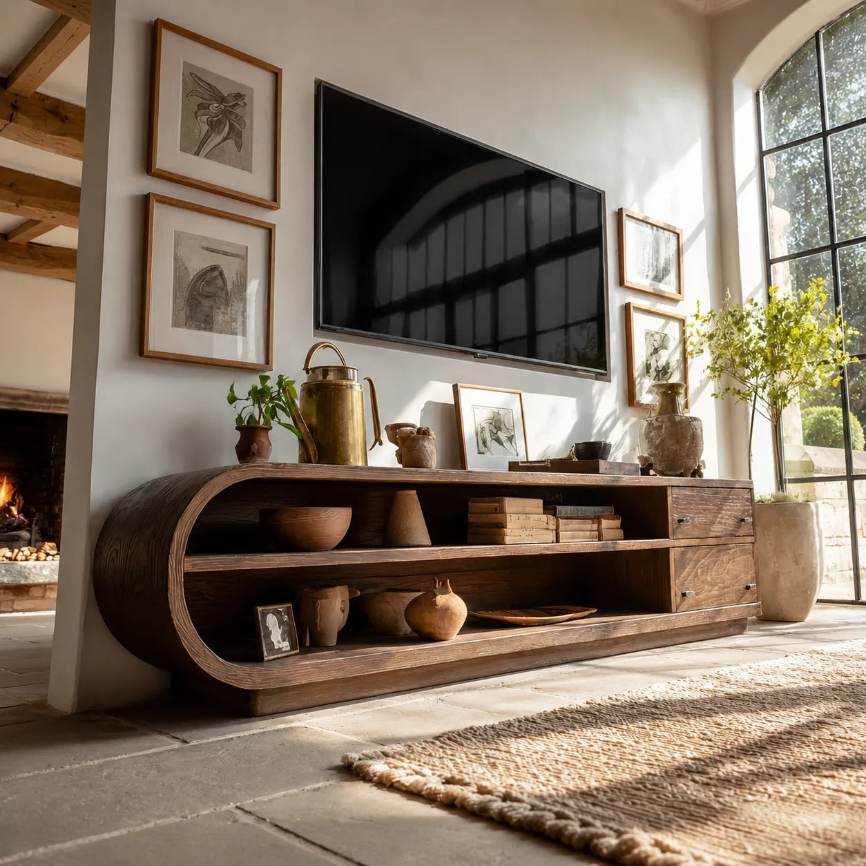 Rounded Natural Solid Wood TV Stand with Open Shelves and Side Drawers - Livewoodcraft - 9