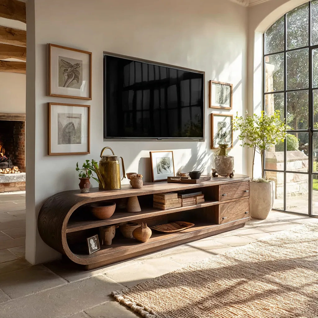 Rounded Natural Solid Wood TV Stand with Open Shelves and Side Drawers - Livewoodcraft