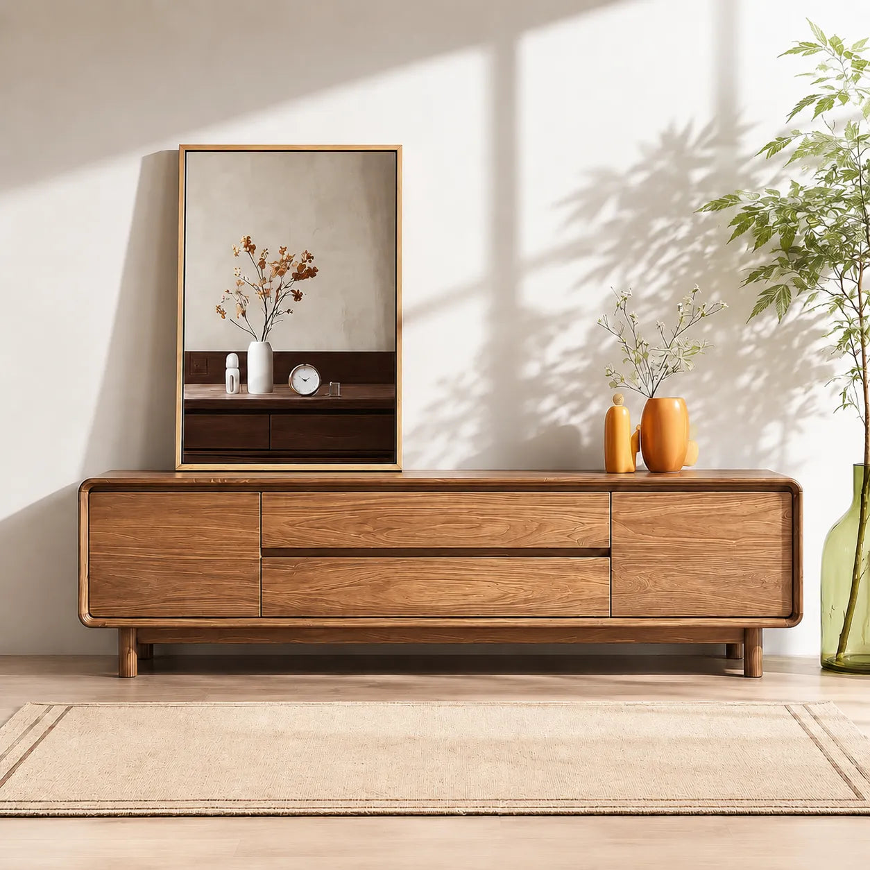 Rounded Natural Solid Wood TV Stand with Wide Drawer Storage Design - Livewoodcraft - 10