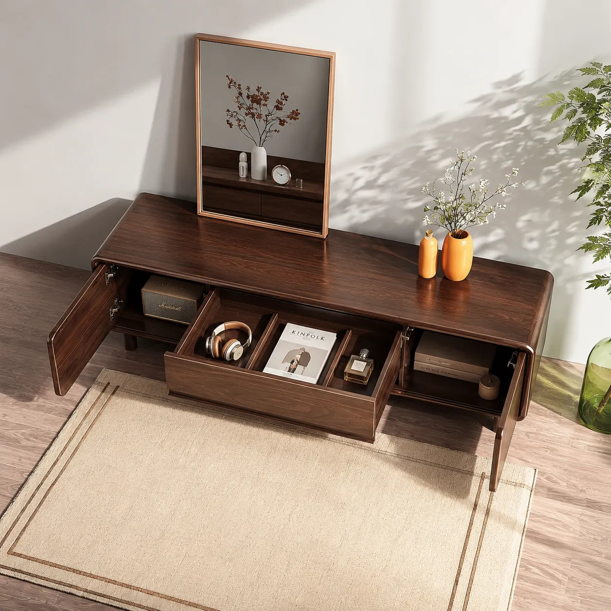 Rounded Natural Solid Wood TV Stand with Wide Drawer Storage Design - Livewoodcraft - 6